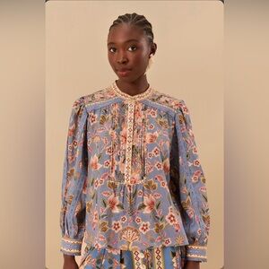 Farm Rio Blue Superbloom Tapestry Blouse